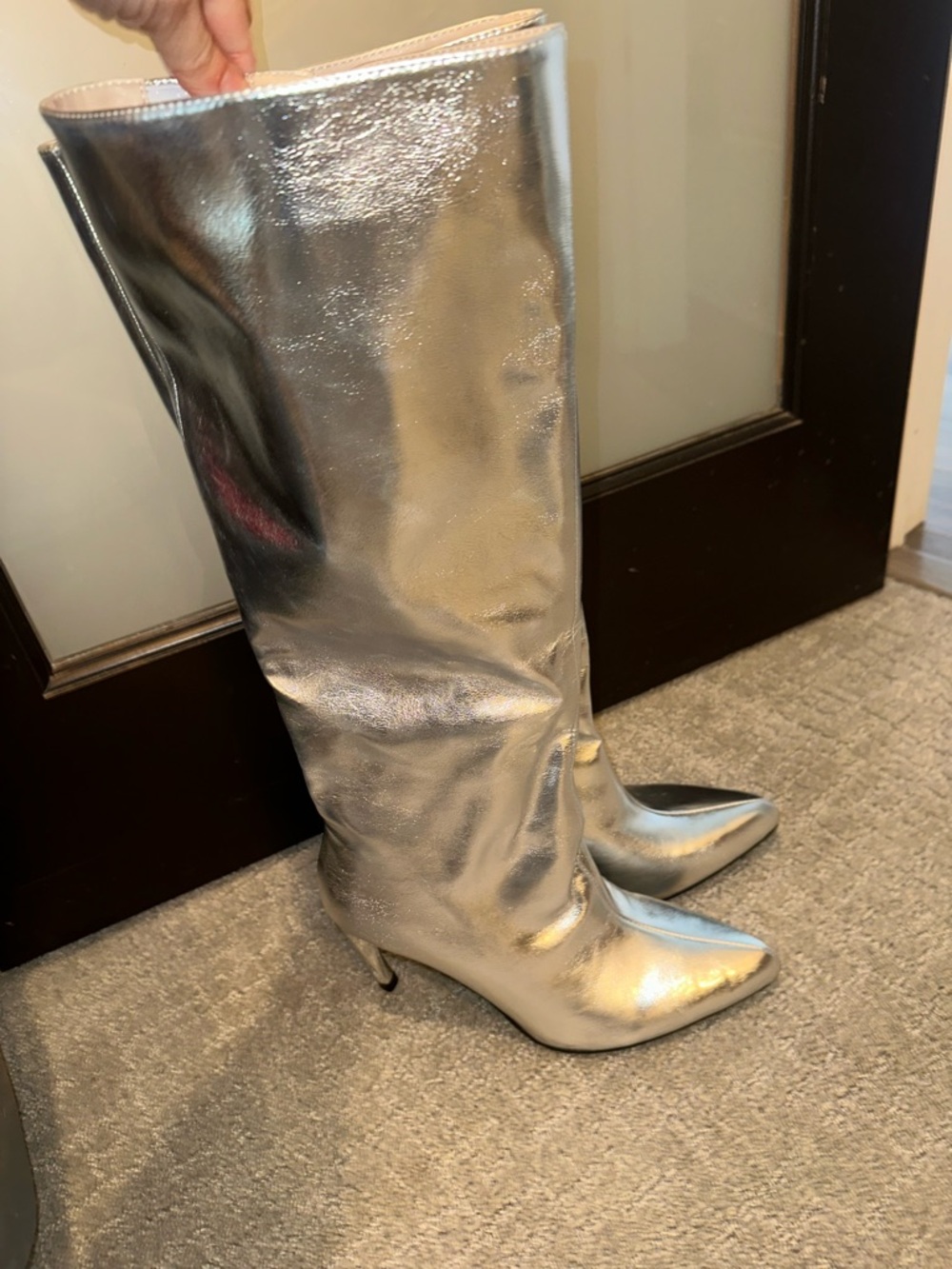 Silver Metallic Knee-High Pointed-Toe Heeled Boots for Women